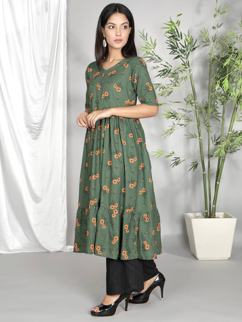 Green printed cotton ethnic-kurtis