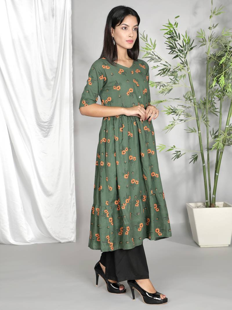 Green printed cotton ethnic-kurtis