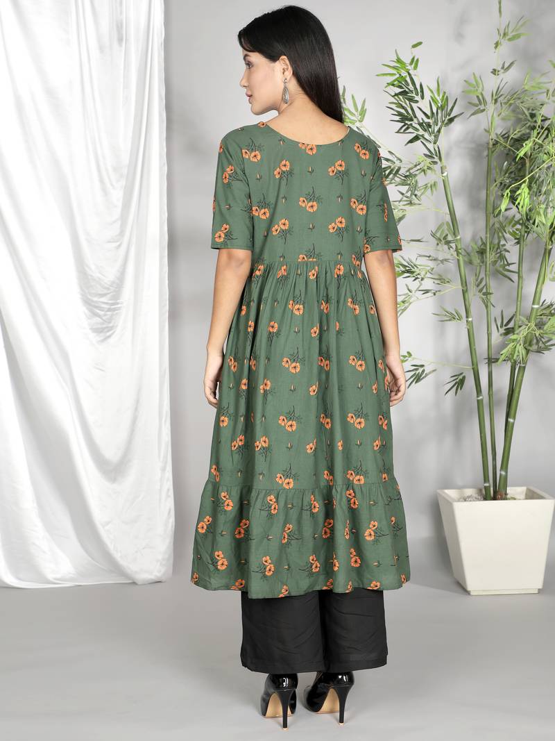 Green printed cotton ethnic-kurtis