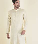 DEYANN Yellow Cotton Jacquard Woven Design Kurta For Men