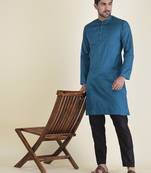 DEYANN Navy Blue Cotton Jacquard Woven Design Kurta With Pyjama Set For Men