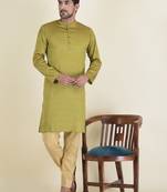 DEYANN Green Cotton Jacquard Woven Design Kurta With Pyjama Set For Men