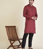 DEYANN Maroon Cotton Jacquard Woven Design Kurta With Pyjama Set For Men