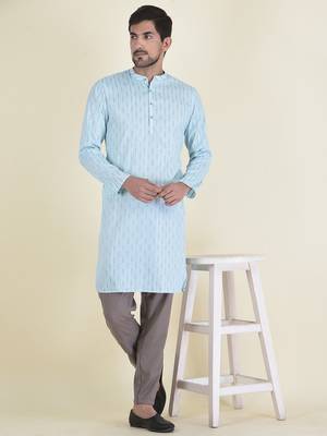 DEYANN Sky Blue Cotton Jacquard Woven Design Kurta With Pyjama Set For Men 1