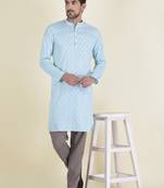 DEYANN Sky Blue Cotton Jacquard Woven Design Kurta With Pyjama Set For Men