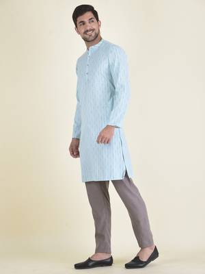 DEYANN Sky Blue Cotton Jacquard Woven Design Kurta With Pyjama Set For Men 2