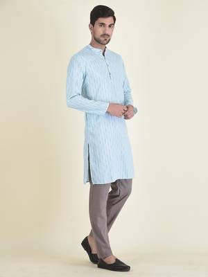 DEYANN Sky Blue Cotton Jacquard Woven Design Kurta With Pyjama Set For Men 3