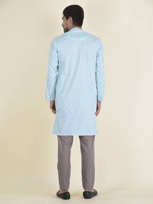 DEYANN Sky Blue Cotton Jacquard Woven Design Kurta With Pyjama Set For Men 4