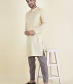 DEYANN Yellow Cotton Jacquard Woven Design Kurta With Pyjama Set For Men