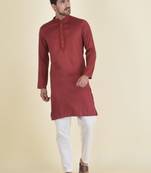DEYANN Maroon Cotton Jacquard Embroidered Kurta With Pyjama Set For Men