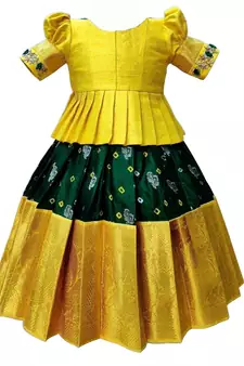 Yellow Green New south Indian traditional pattu pavadai Jecquard Lehenga choli for girls dress