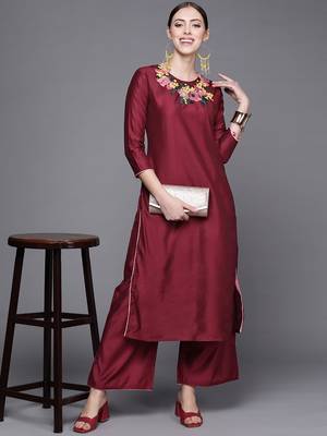 Indo Era Wine Embroidered Straight Kurta With Palazzo Set 1
