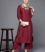 Indo Era Wine Embroidered Straight Kurta With Palazzo Set