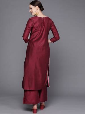 Indo Era Wine Embroidered Straight Kurta With Palazzo Set 2