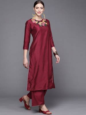 Indo Era Wine Embroidered Straight Kurta With Palazzo Set 3