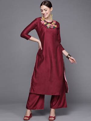 Indo Era Wine Embroidered Straight Kurta With Palazzo Set 4