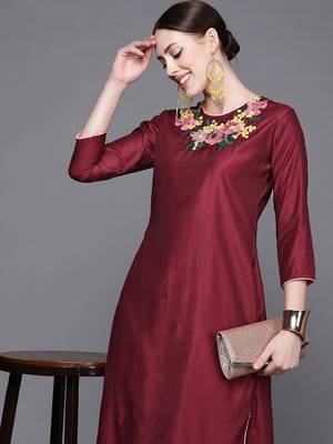 Indo Era Wine Embroidered Straight Kurta With Palazzo Set 5