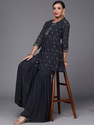 Indo Era Grey Printed A-line Kurta With Sharara Set 1