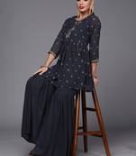 Indo Era Grey Printed A-line Kurta With Sharara Set