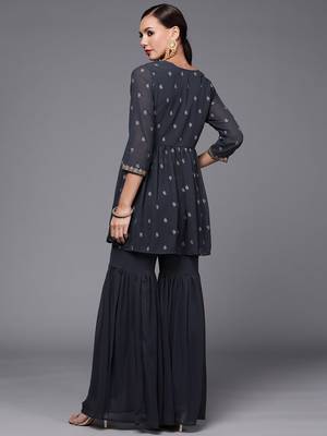 Indo Era Grey Printed A-line Kurta With Sharara Set 2