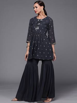 Indo Era Grey Printed A-line Kurta With Sharara Set 3