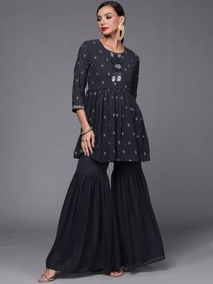 Indo Era Grey Printed A-line Kurta With Sharara Set 4