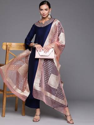 Indo Era Navy Blue Embroidered Straight Kurta Palazzo With Dupatta Set 1