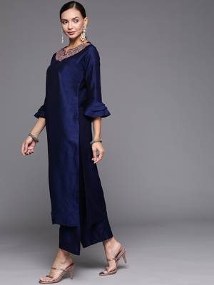 Indo Era Navy Blue Embroidered Straight Kurta Palazzo With Dupatta Set 3