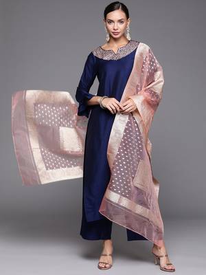Indo Era Navy Blue Embroidered Straight Kurta Palazzo With Dupatta Set 4