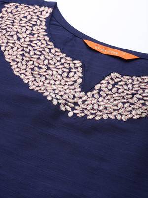 Indo Era Navy Blue Embroidered Straight Kurta Palazzo With Dupatta Set 5