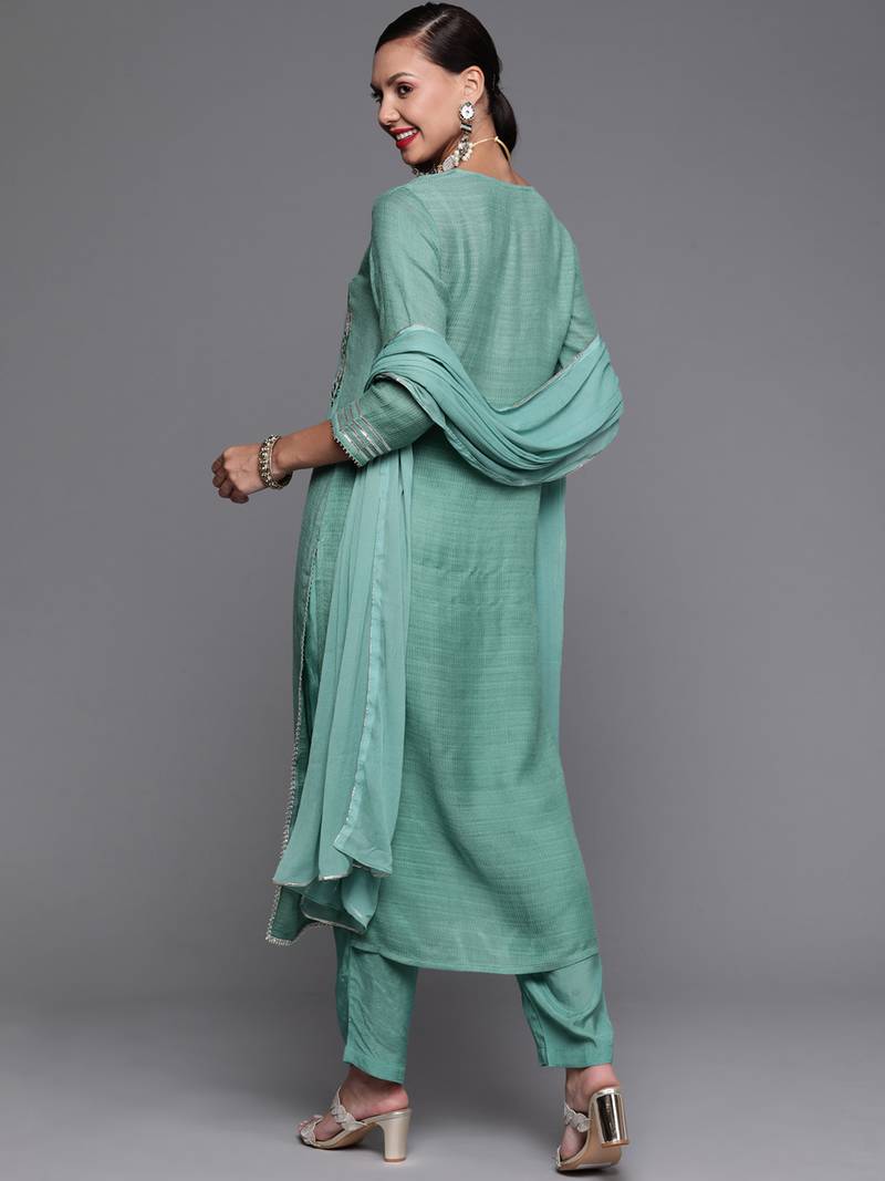 Indo Era Sea Green Printed Straight Kurta Trousers With Dupatta set main image 1