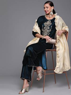 Indo Era Teal Embroidered Straight Kurta Palazzo With Dupatta Set 1