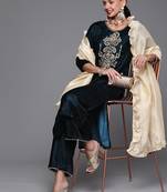 Indo Era Teal Embroidered Straight Kurta Palazzo With Dupatta Set