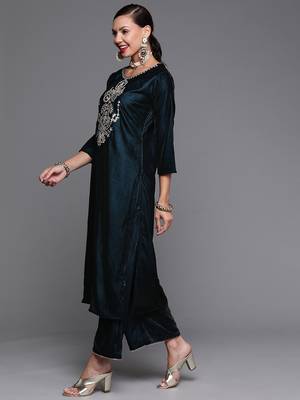 Indo Era Teal Embroidered Straight Kurta Palazzo With Dupatta Set 3
