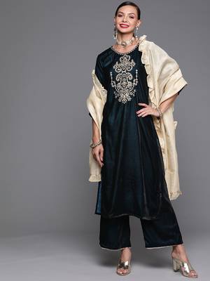 Indo Era Teal Embroidered Straight Kurta Palazzo With Dupatta Set 4