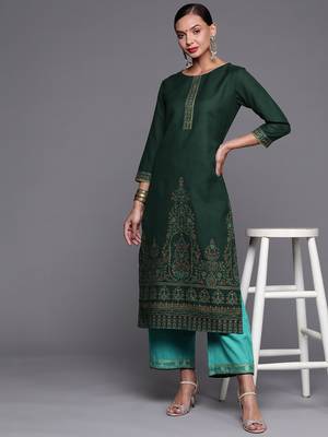 Indo Era Green Foil Printed Straight Kurta With Palazzo Set 1