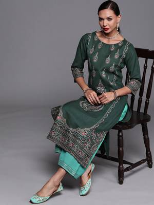 Indo Era Green Foil Printed Straight Kurta With Palazzo Set 1
