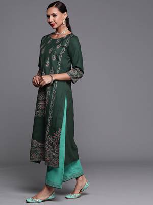 Indo Era Green Foil Printed Straight Kurta With Palazzo Set 3