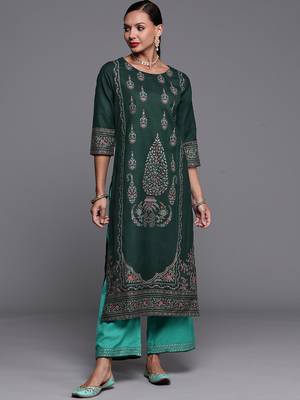 Indo Era Green Foil Printed Straight Kurta With Palazzo Set 4