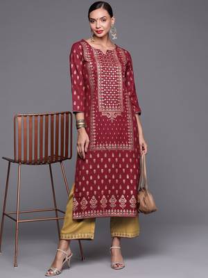 Indo Era Maroon Foil Printed Straight Kurta With Palazzo Set 1