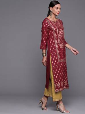 Indo Era Maroon Foil Printed Straight Kurta With Palazzo Set 3