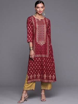 Indo Era Maroon Foil Printed Straight Kurta With Palazzo Set 4