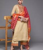 Indo Era Beige Solid Straight Kurta Palazzo With Dupatta Set