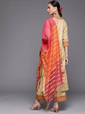 Indo Era Beige Solid Straight Kurta Palazzo With Dupatta Set 2