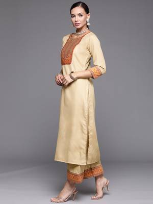 Indo Era Beige Solid Straight Kurta Palazzo With Dupatta Set 3