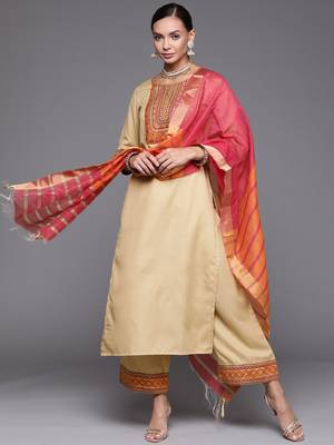 Indo Era Beige Solid Straight Kurta Palazzo With Dupatta Set 4