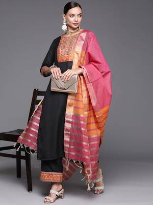 Indo Era Black Solid Straight Kurta Palazzo With Dupatta Set 1