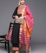 Indo Era Black Solid Straight Kurta Palazzo With Dupatta Set