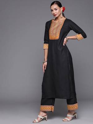 Indo Era Black Solid Straight Kurta Palazzo With Dupatta Set 3