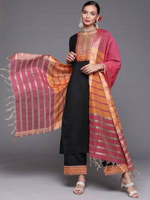 Indo Era Black Solid Straight Kurta Palazzo With Dupatta Set 4